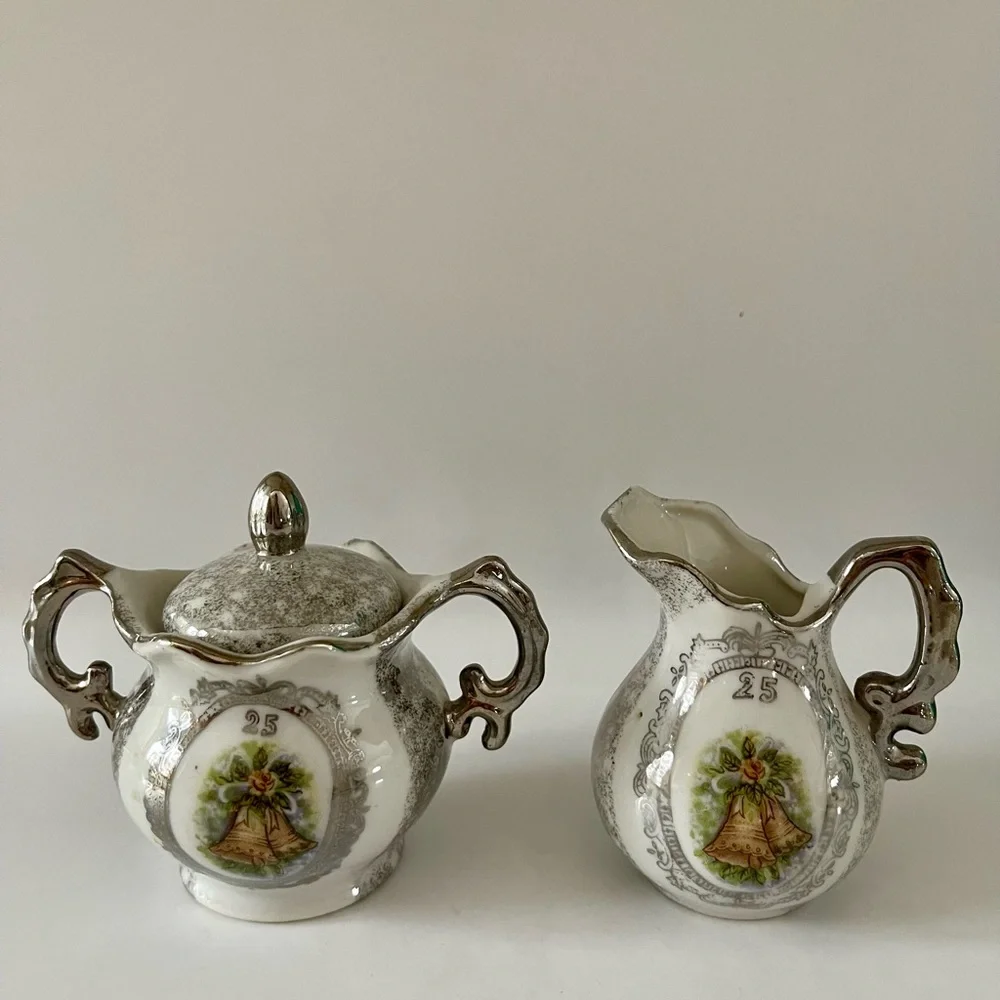 Vintage Enesco Japan 25th Wedding Anniversary Sugar Bowl & Creamer Set, 1950’s